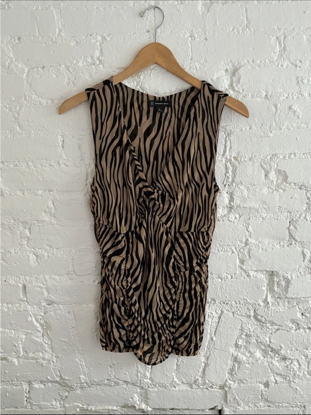 vintage INC brown/beige zebra print mesh v neck ruched top medium